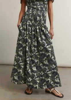 ME+EM Aster Print High-Waisted Maxi Skirt Cream/Navy/Khaki