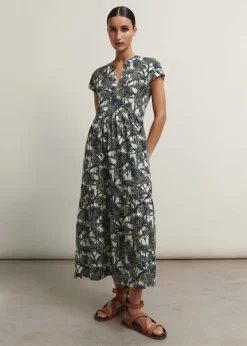 Discount ME+EM Aster Print Tiered Maxi Dress Cream/Navy/Khaki