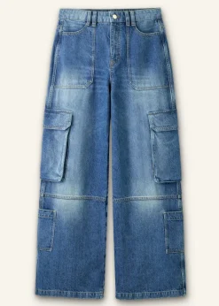 Discount ME+EM Baggy Cargo Denim Trouser Mid Blue