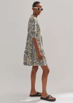 Sale ME+EM Batik Floral Print Short Slub Dress Cream/Blue/Olive