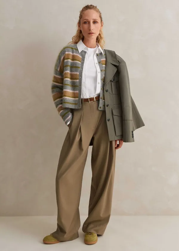 Discount ME+EM Brushed Cashmere Crew Neck Stripe Cardigan Grey Multi