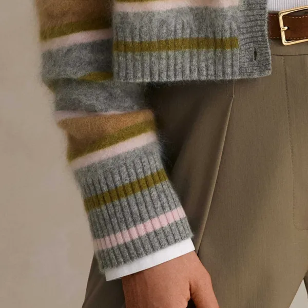 Discount ME+EM Brushed Cashmere Crew Neck Stripe Cardigan Grey Multi
