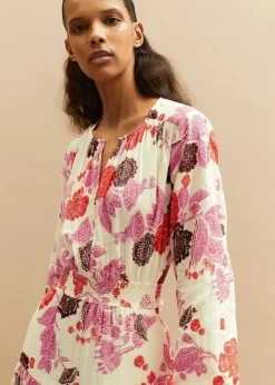 New ME+EM Cheesecloth Bali Print Full-Length Dress Cream/Pink/Multi