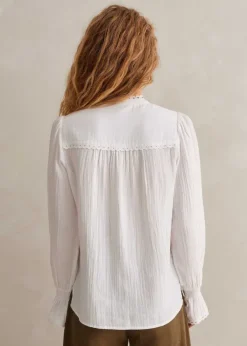 Sale ME+EM Cheesecloth Broderie Trim Blouse Soft White