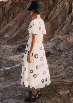 Hot ME+EM Cheesecloth Modern Daisy Print Midi Dress Cream/Black