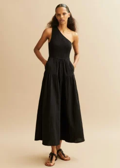 Clearance ME+EM Cheesecloth Shirred One Shoulder Maxi Dress Black