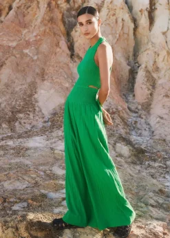 Clearance ME+EM Cheesecloth Shirred Wide-Leg Jumpsuit Spring Green