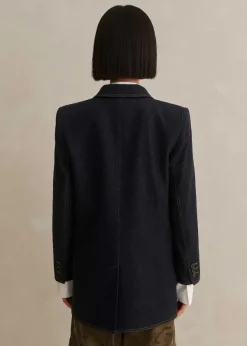 New ME+EM Cotton Blend Denim Sharp Shoulder Blazer Indigo