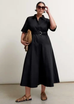 Hot ME+EM Cotton Sateen Midi Shirt Dress + Belt Black