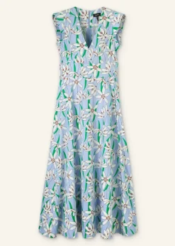 ME+EM Cotton Sateen Snowdrop Print Maxi Dress Blue/Light Cream/Green