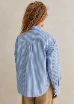 Discount ME+EM Cotton Stripe Dipped Hem Crop Shirt Pale Blue/White