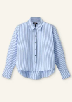 Discount ME+EM Cotton Stripe Dipped Hem Crop Shirt Pale Blue/White