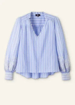 ME+EM Cotton Voile Lace Embroidered Top + Tie Pale Blue/White