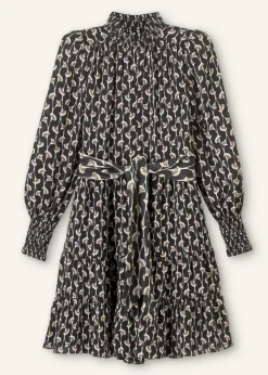 New ME+EM Ginko Leaf Print Short Swing Dress + Belt Black/Brown/Cream