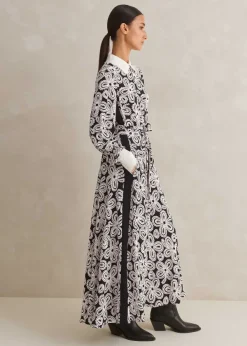 Clearance ME+EM Lace Flower Print Shirt Maxi Dress + Belt Black/Pink/Cream