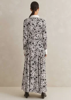 Clearance ME+EM Lace Flower Print Shirt Maxi Dress + Belt Black/Pink/Cream