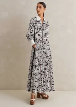 Clearance ME+EM Lace Flower Print Shirt Maxi Dress + Belt Black/Pink/Cream