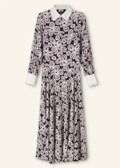 Clearance ME+EM Lace Flower Print Shirt Maxi Dress + Belt Black/Pink/Cream