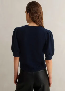 ME+EM Lofty Wool Cashmere Silk V Neck Pouf Sleeve Tee Ink Blue