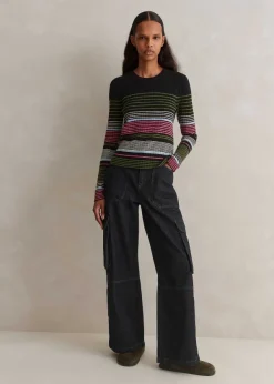 Discount ME+EM Merino Stretch Slim Rib Stripe Jumper Navy Multi