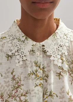 Discount ME+EM Shadow Berry Print Embroidered Collar Blouse Light Cream/Green/Multi