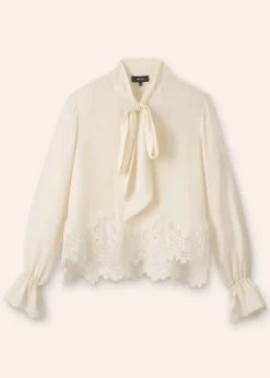 Clearance ME+EM Silk + Lace Cropped Pussybow Blouse Light Cream