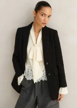 Clearance ME+EM Silk + Lace Cropped Pussybow Blouse Light Cream