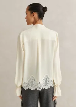 Clearance ME+EM Silk + Lace Cropped Pussybow Blouse Light Cream