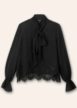 Clearance ME+EM Silk + Lace Cropped Pussybow Blouse Black