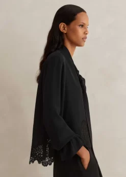 Clearance ME+EM Silk + Lace Cropped Pussybow Blouse Black