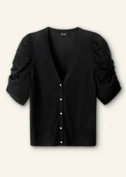 Hot ME+EM Silk Button-Through Pouf Sleeve Knit Top Black