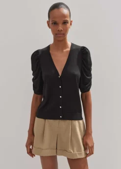 Hot ME+EM Silk Button-Through Pouf Sleeve Knit Top Black