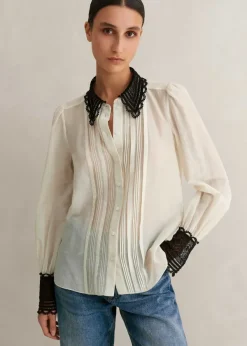 Clearance ME+EM Silk Cotton Embroidered Collar Blouse Cream/Black