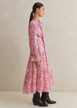 New ME+EM Silk Cotton Flower Print Midi Dress + Belt Pink/Soft White