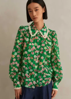 Discount ME+EM Silk Cotton Lantana Flower Print Shirt Green/Pink/Multi