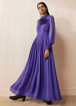 New ME+EM Silk Full-Length Dress With Corsage + Belt Winter Lilac