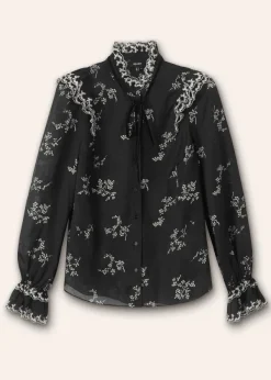 Outlet ME+EM Silk Organza Cherry Blossom Print Blouse Black/Light Cream