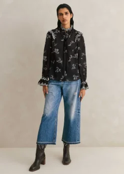 Outlet ME+EM Silk Organza Cherry Blossom Print Blouse Black/Light Cream