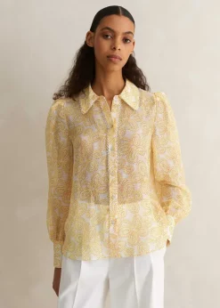 Clearance ME+EM Silk-Linen Lace Print Balloon Sleeve Blouse Light Cream/Yellow/Red