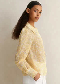 Clearance ME+EM Silk-Linen Lace Print Balloon Sleeve Blouse Light Cream/Yellow/Red