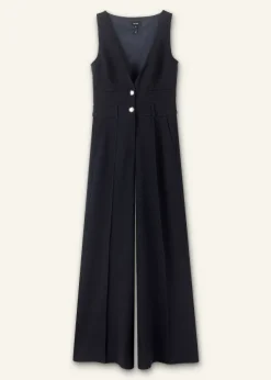 ME+EM Textured Low V Wide-Leg Jumpsuit Navy