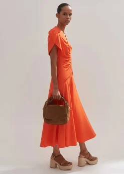 New ME+EM Textured Pleat Front Midi Dress Orange Zing